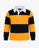 A kid's rugby polo top featuring yellow and black horizontal stripes, with a white collar and an attached branding label.