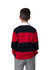 A rugby polo top in red and navy stripes, featuring a white collar, displayed on a child from the back.