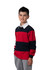 A kid's rugby polo top featuring horizontal red and navy stripes, with a white collar and long sleeves.