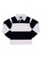 A kid's rugby polo top in black and white stripes with a collared neck and long sleeves. It features a logo.