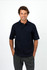 A navy blue men's 100% cotton jersey polo shirt with a classic collar and short sleeves. Features a logo.