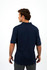 A men's navy 100% cotton jersey polo shirt with a collar and short sleeves, featuring a logo.