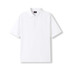 A white Men's 100% Cotton Jersey Polo shirt featuring a collar, short sleeves, and a logo on the chest.