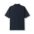 A navy blue men's 100% cotton jersey polo shirt featuring a collar and short sleeves. It has a logo on the back.