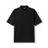 A black 100% cotton jersey polo shirt featuring a classic collar and three-button placket. It has branding on the neckline.