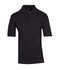 A black 100% cotton jersey polo shirt featuring a classic collar and three-button placket. It has branding on the neckline.
