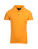 A bright yellow kid's pique polo shirt featuring a collar and three buttons, with a branding logo.