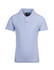 A light blue kid's pique polo shirt with a collar and three buttons, featuring a logo on the tag.