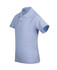 A light blue kid's pique polo shirt with a collar and short sleeves, featuring buttons and a logo.