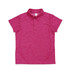 A pink polo shirt for kids made of 100% polyester, featuring a collar and a branding logo.