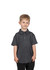 A grey polo shirt made of 100% polyester, featuring a collar and button placket, worn by a smiling child.