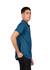 A side view of a men's unisex challenger polyester polo shirt in teal, featuring a subtle texture and a logo.