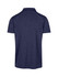 A navy blue polyester polo shirt featuring a collar and a branding logo on the back.