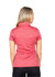 A women's polo shirt in a textured red fabric, featuring a collar and short sleeves. It has a logo on the back.