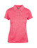 A pink women's polo shirt made of 100% polyester, featuring a collar and button placket, with a subtle texture.