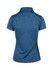 A back view of a blue women's polo shirt made from 100% polyester, featuring a collar and a logo.