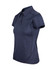A women's navy polo shirt made of 100% polyester with a collared neckline and short sleeves. It features a logo.