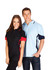 A women's black polo shirt with red accents and a men's light blue polo shirt with navy details, both featuring logos.