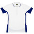 A white polo shirt with blue contrast detailing and a logo on the collar. Features a button-up front and short sleeves.