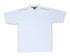 A white polo shirt with red piping, featuring a collar and short sleeves. It includes a logo on the upper part.
