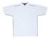 A white polo shirt with piping detail, featuring short sleeves and a collar, with a logo on the chest.