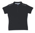 A black women's cotton pique knit polo shirt with piping details and a logo. Short sleeves and a classic collar.