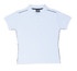 A light blue women's cotton pique knit polo shirt with piping details and a logo.