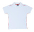 A white women's polo shirt with piping detail in red, featuring a collar and short sleeves. It has a logo.