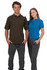A khaki men's polo shirt and a blue women's polo shirt displayed on models, both featuring a logo.
