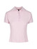 A women's cotton polo shirt in a soft pink hue, featuring a button-up collar and short sleeves. It has a logo.