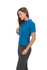 A women's cotton polo shirt in vibrant blue, featuring a collar and short sleeves, worn with grey pants.