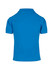 A blue women's cotton polo shirt with a collared neckline and short sleeves, featuring a logo on the back.