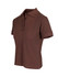 A brown women's cotton polo shirt with a classic collar and short sleeves, featuring buttons and a logo.