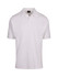 A white men's cotton pique knit polo shirt with a collar and branding on the neck.