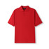 A red men's cotton pique knit polo shirt with a collar and a branded tag.