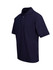 A navy blue men's cotton pique knit polo shirt with a logo on the chest and short sleeves.