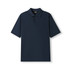Men's cotton pique knit polo in navy blue with a collar and short sleeves, featuring a logo.