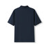 A navy blue men's cotton pique knit polo shirt, featuring a classic collar and short sleeves, with a logo branding.