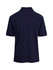 A navy blue men's cotton pique knit polo shirt, featuring a classic collar and short sleeves, with a logo branding.