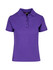 A purple women's 100% cotton pique knit polo shirt with a collar and button placket, featuring a logo.