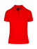 A red women's 100% cotton pique knit polo shirt with a collar and three-button placket, featuring a branded logo.