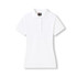 A white women's 100% cotton pique knit polo shirt featuring a classic collar and button placket.