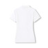 A white women's 100% cotton pique knit polo shirt with a short-sleeved design and a collar. Features a logo.