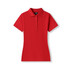 A red women's 100% cotton pique knit polo shirt with a collar and buttons. It has a logo on the label.