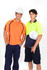 Two men wearing high visibility long sleeve polo shirts in orange and lime green, paired with navy blue work trousers.