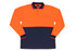 Hi visibility long sleeve polo shirt in orange and navy blue, featuring a pocket and a logo.