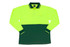 A high visibility long sleeve polo shirt in fluorescent yellow and dark green, featuring a pocket and collar.