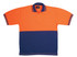 A bright orange and navy Hi Vis polo shirt featuring a pocket and contrasting stripes. It has a logo on the collar.