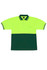 A high-visibility polo shirt featuring a bright yellow top and dark green bottom, with a pocket and a logo.