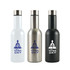 A drink bottle set featuring three styles: white, stainless steel, and black, each with a branding logo.